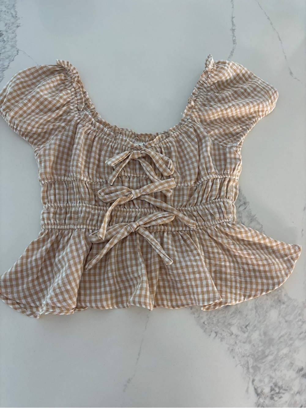 NWT Blu Pepper Beige Gingham Bow Shirred Top